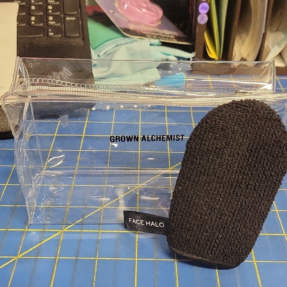 Face Halo Black Makeup Remover Pad & Grown Alchemist Clear Zipper 6x4x2 Bag Set